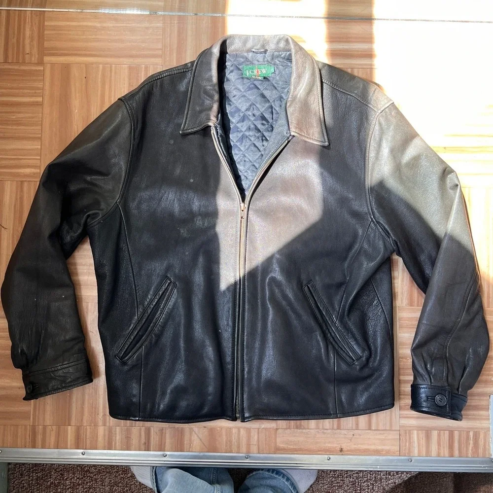 Vintage J. Crew Leather Jacket Size L Brown 90s Oarsman Full Zip Bomber Coat